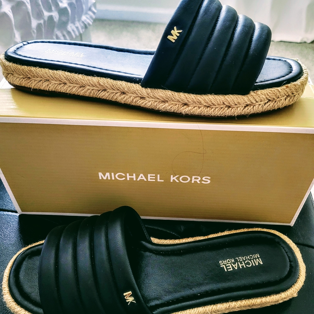 ❗️Sale! MICHAEL KORS Black Leather Sandals With Jute Espadrille Sole, Size 7